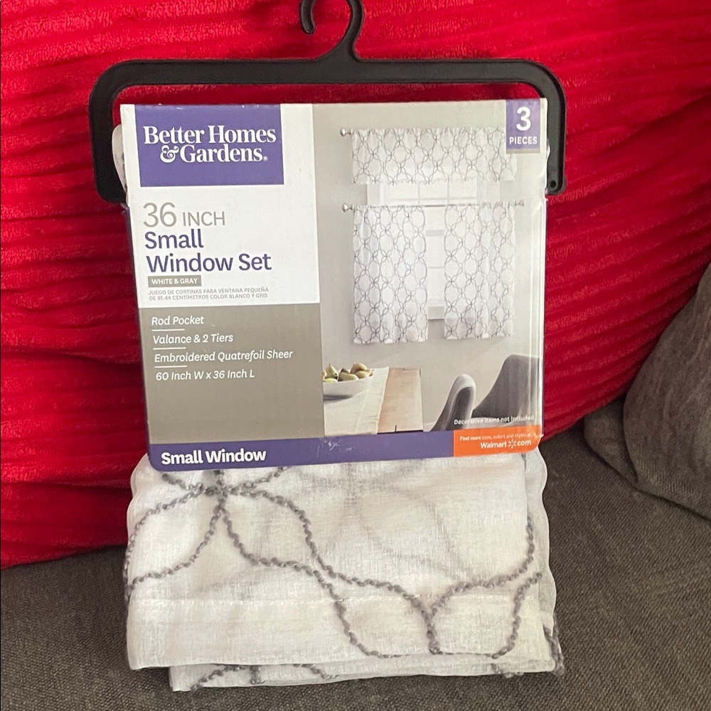 Better Homes And Gardens White & Gray Sheer Small Window Curtain Set